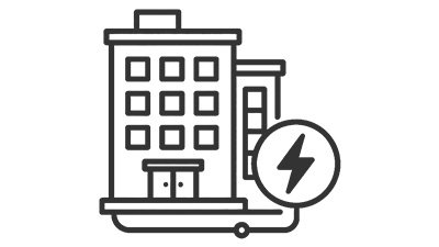 Gebäudetechnik für moderne Elektroinstallation Icon für Gebäudetechnik mit Gebäude, Stromsymbol und Elektroanschluss
