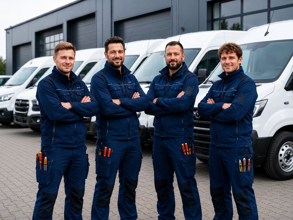 Erfahrenes Team für Elektrotechnik und Gebäudetechnik Elektrotechnik-Team vor Servicefahrzeugen für Elektroinstallationen und Kundendienst
