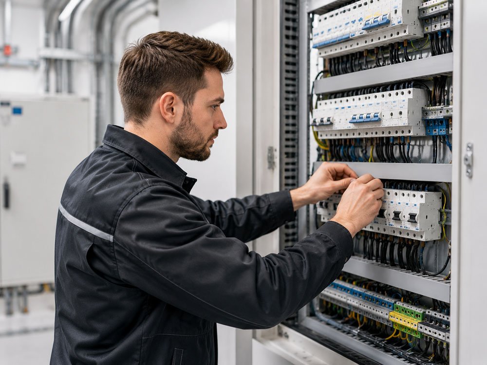 Elektrotechnik für Industrie, Gewerbe und Gebäude Elektriker bei professionellen Arbeiten an einer modernen Elektroverteilung